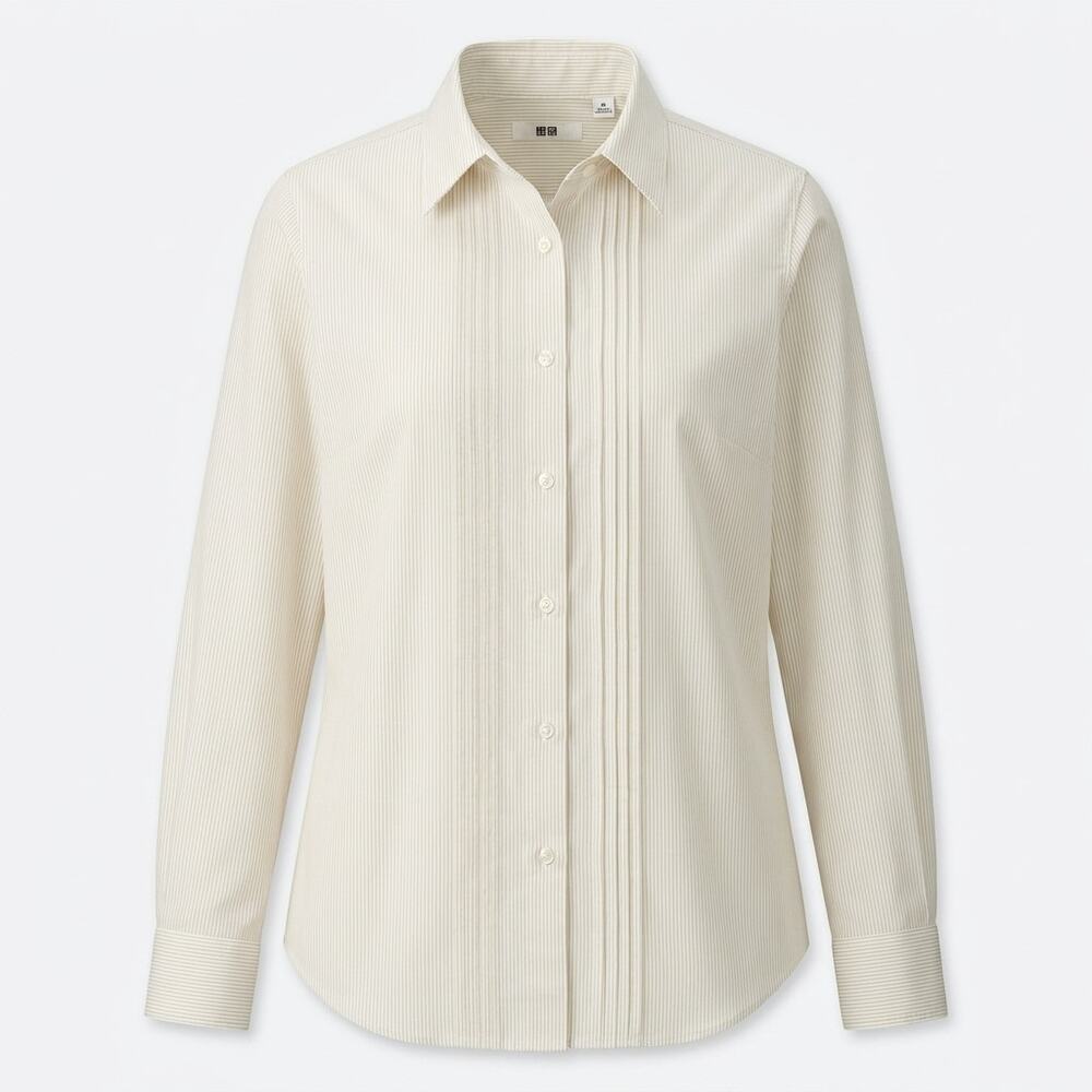 Uniqlo White Collared Stretch Striped Button-Up Shirt Women Size M